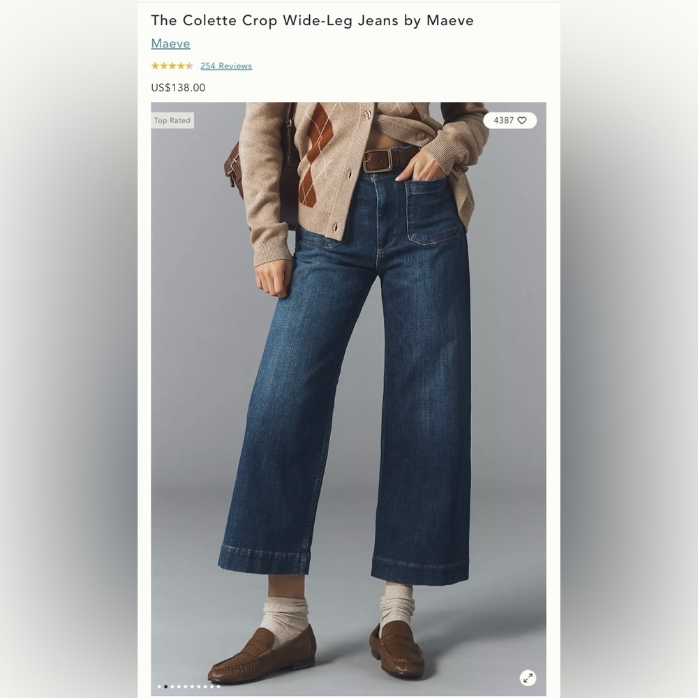 NWT Size 32P - The Colette Crop Wide-Leg Jeans Maeve 99% Cotton (NWT US$ 138)